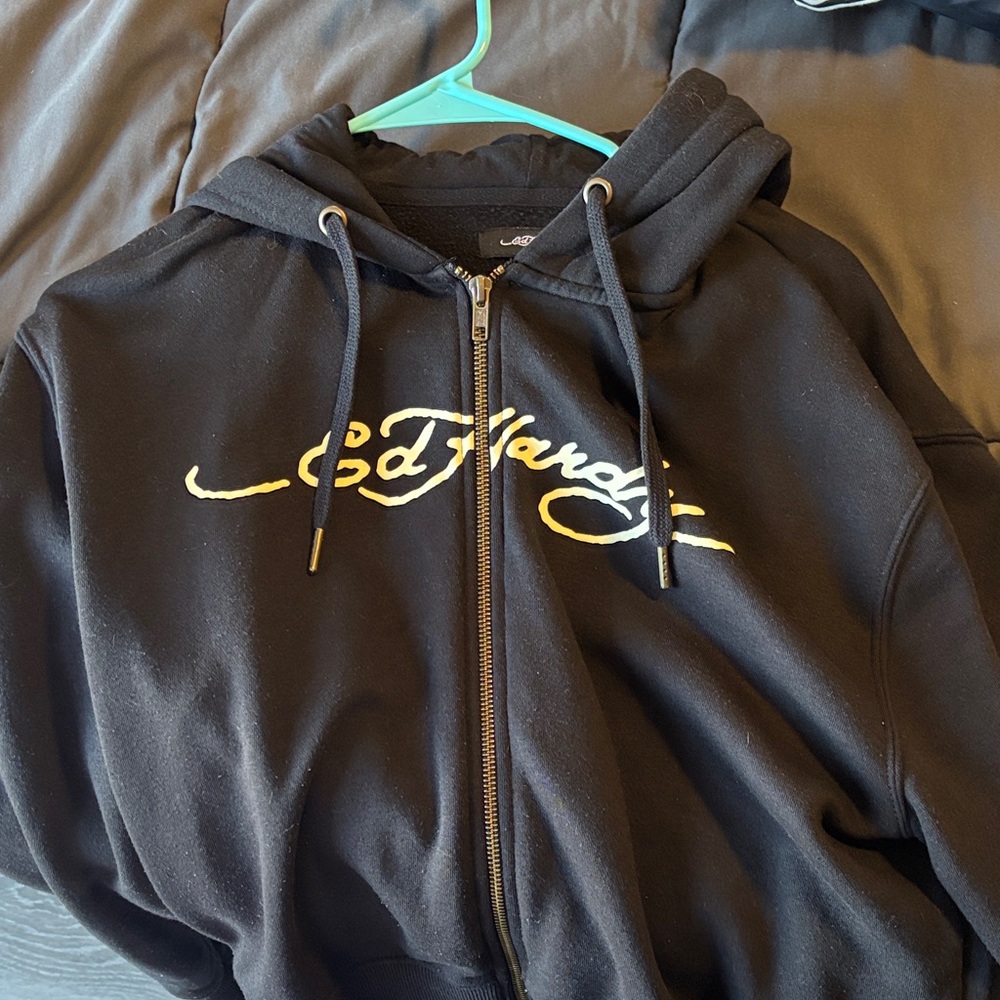 Ed Hardy Black Hoodie with Cream Script Logo